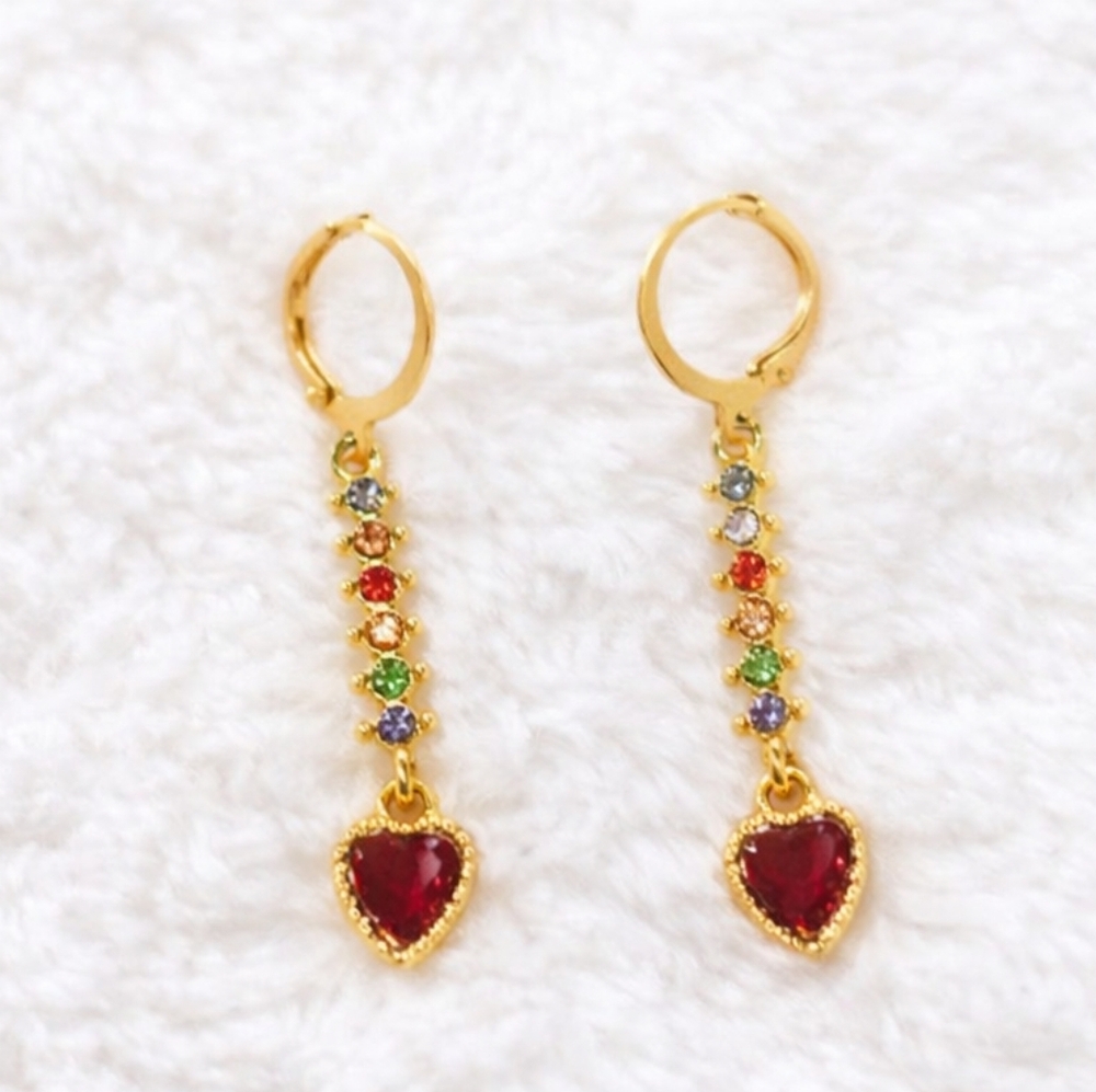 Gold Heart Drop Earrings with Multicolor Gems